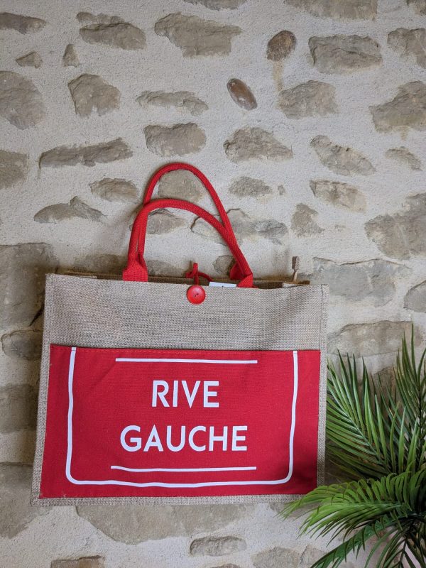 Sac cabas Grand modèle "Rive Gauche " - Aspect toile de jute  - Rouge - 45×30×7 cm