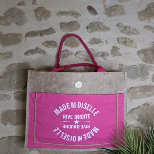 Sac Cabas Grand modèle - Aspect toile de Jute - "Mademoiselle Rive Droite Rive Gauche" - Fuschia