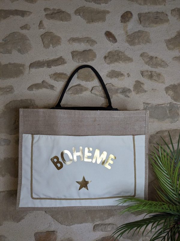 Sac cabas Grand modèle "Bohême " - Aspect toile de jute - Blanc - 45×30×7 cm