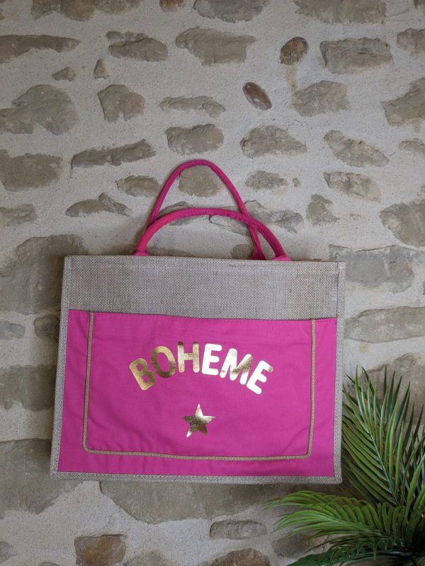 Sac cabas Grand modèle "Bohême " - Aspect toile de jute - Fuschia - 45×30×7 cm