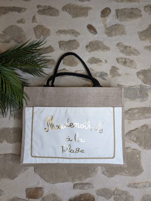 Sac cabas Grand modèle "Mademoiselle à la plage " - Aspect toile de jute- Blanc - 45×30×7 cm