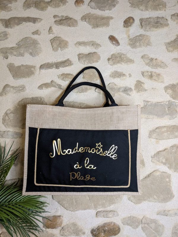 Sac cabas Grand modèle "Mademoiselle à la plage " - Aspect toile de jute - Noir - 45×30×7 cm