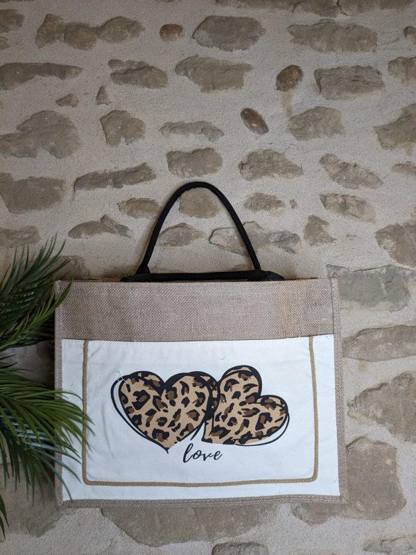 Sac cabas Grand modèle "Cœur léopard Love " - Aspect toile de jute - Blanc - 45×30×7 cm