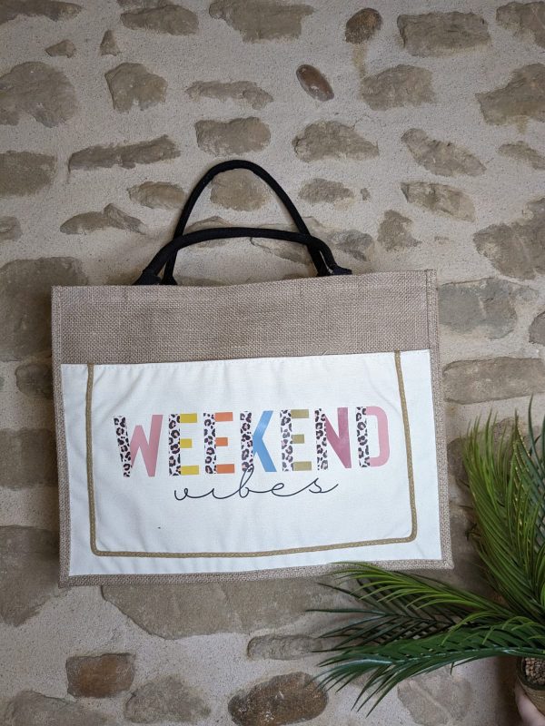 Sac cabas Grand modèle "Week-end vibes" - Aspect toile de jute - Blanc - 45×30×7 cm