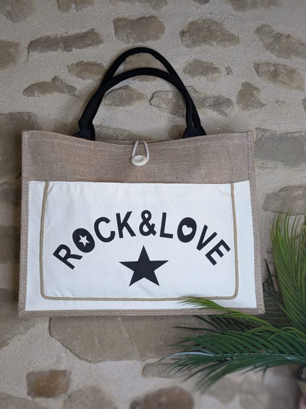 Sac cabas Grand modèle "Rock &Love" - Aspect toile de jute - 45×30×7 cm
