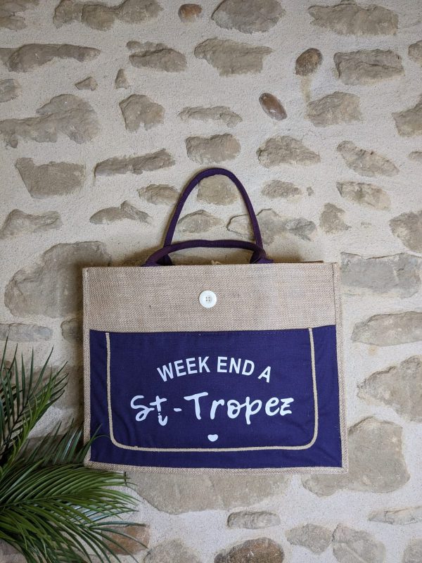 Sac cabas Grand modèle "Week-end à St Tropez" - Aspect toile de jute - Violet - 45×30×7 cm