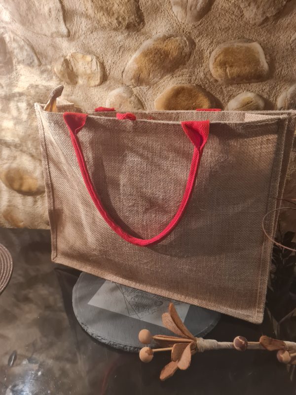 Sac cabas Grand modèle "Rive Gauche " - Aspect toile de jute  - Rouge - 45×30×7 cm – Image 2