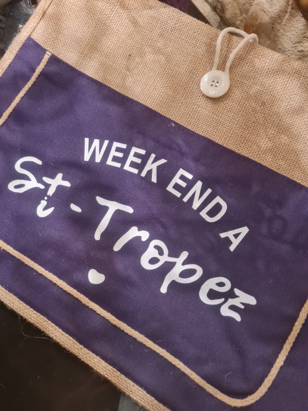 Sac cabas Grand modèle "Week-end à St Tropez" - Aspect toile de jute - Violet - 45×30×7 cm – Image 3