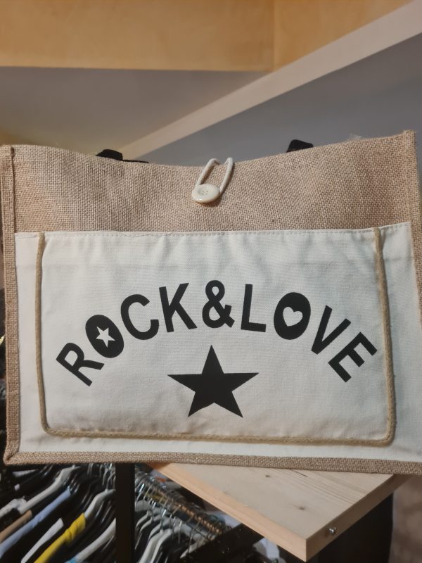 Sac cabas Grand modèle "Rock &Love" - Aspect toile de jute - 45×30×7 cm – Image 3
