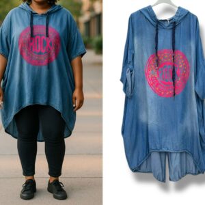 Tunique capuche asymétrique Jean souple avec imprimé fuschia - TU GT - 46 au 52/54