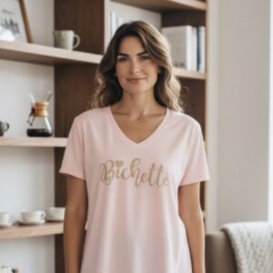 Tee shirt "Bichette" col V - Rose - TU PT du 36 au 42