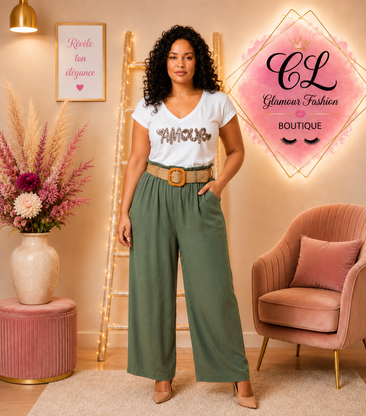 Pantalon fluide Kaki avec ceinture TU1 du 36 au 42