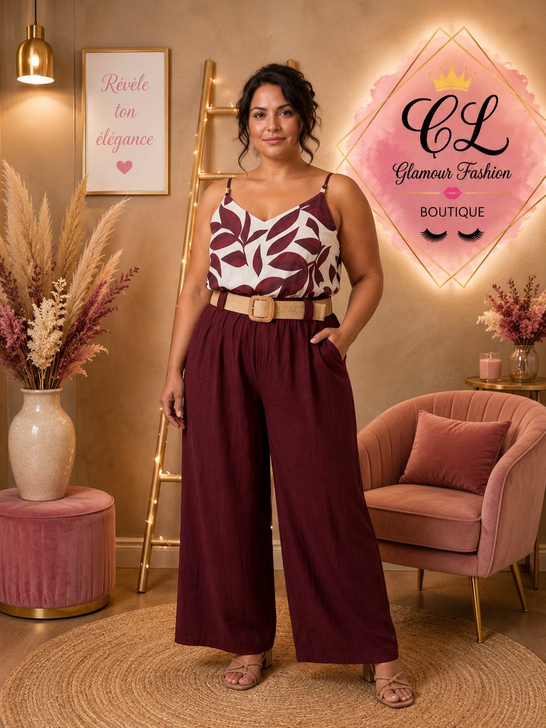 Pantalon fluide Bordeaux avec ceinture TU2 du 44 au 48