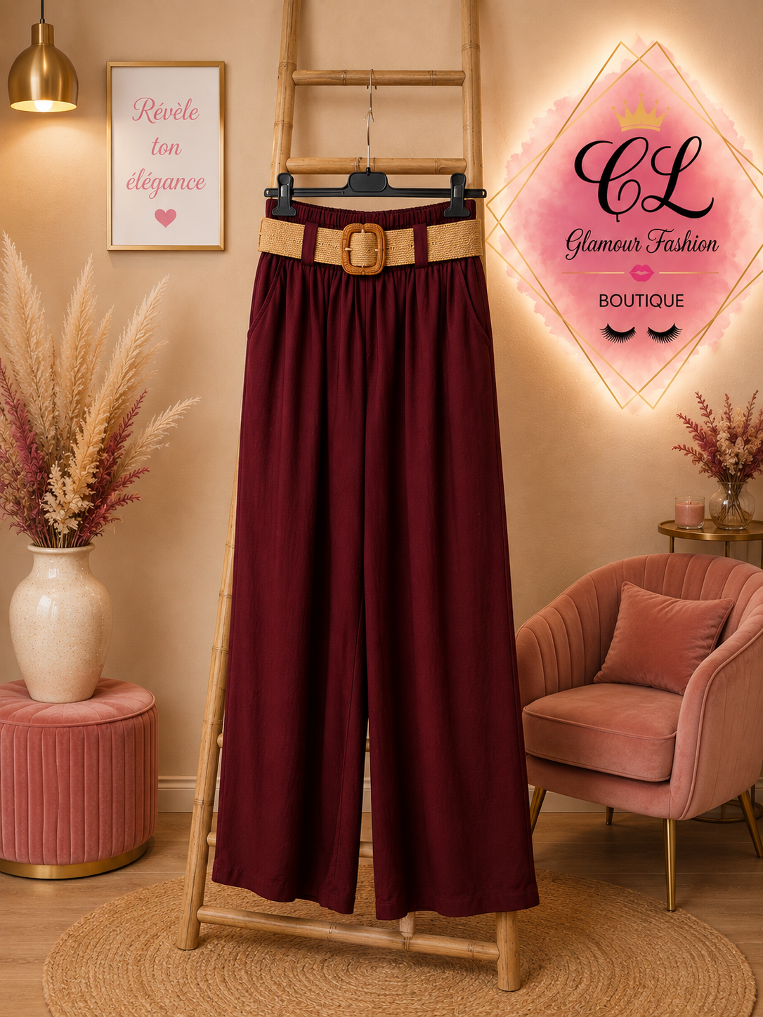 Pantalon fluide Bordeaux avec ceinture TU2 du 44 au 48 – Image 4