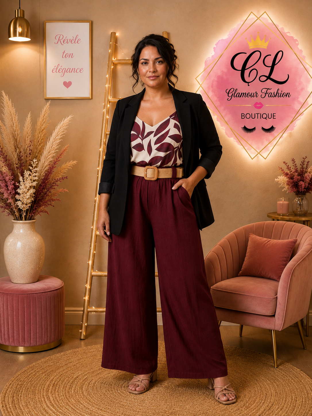 Pantalon fluide Bordeaux avec ceinture TU2 du 44 au 48 – Image 3