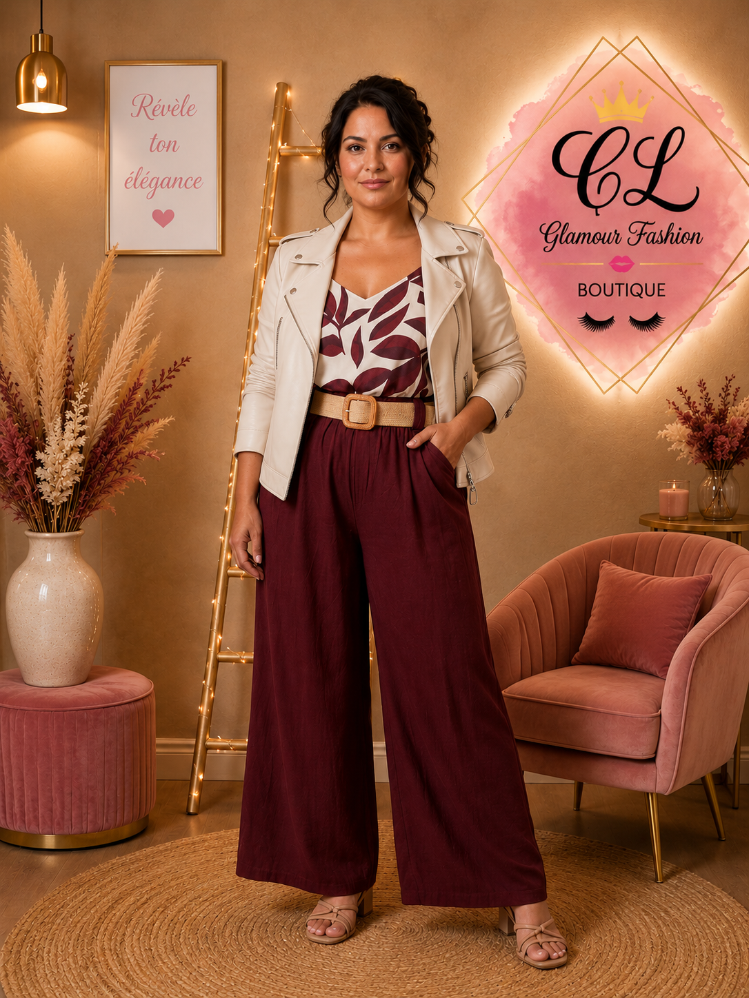 Pantalon fluide Bordeaux avec ceinture TU2 du 44 au 48 – Image 2