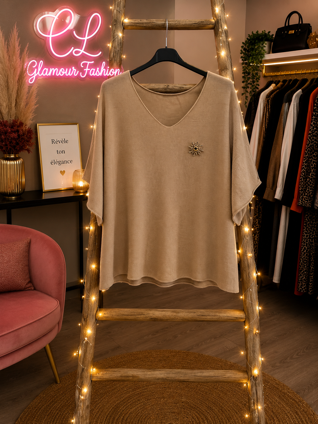 Haut Taupe manches 3/4 avec broche soleil – Image 4