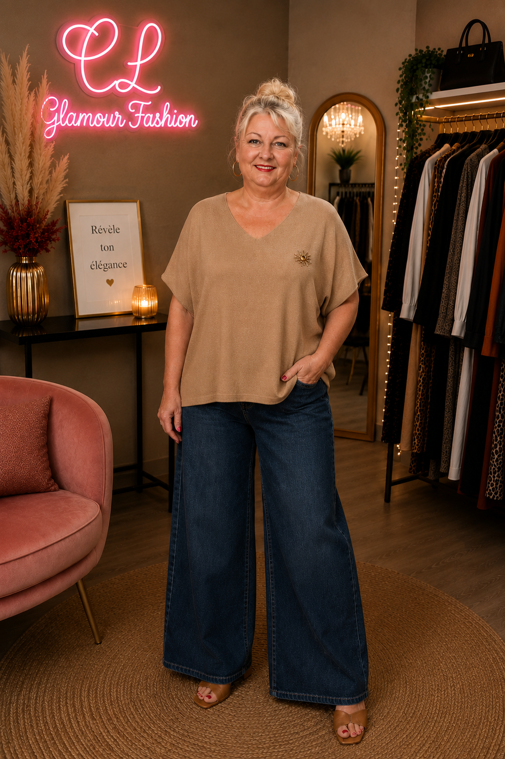 Haut Taupe manches 3/4 avec broche soleil – Image 2