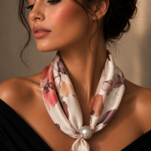 Foulard Satiné perle imprimé Feuillage