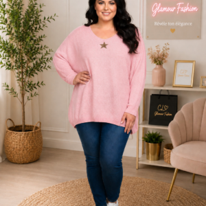 Pull oversize "Etoile" col V - Rose pâle - TU du 38 au 52
