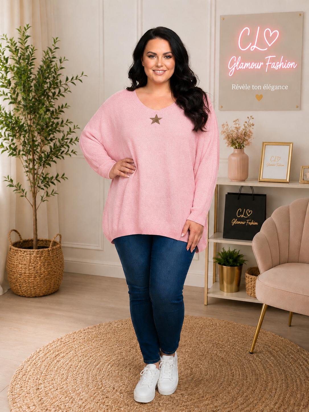 Pull oversize "Etoile" col V - Rose pâle - TU du 38 au 52