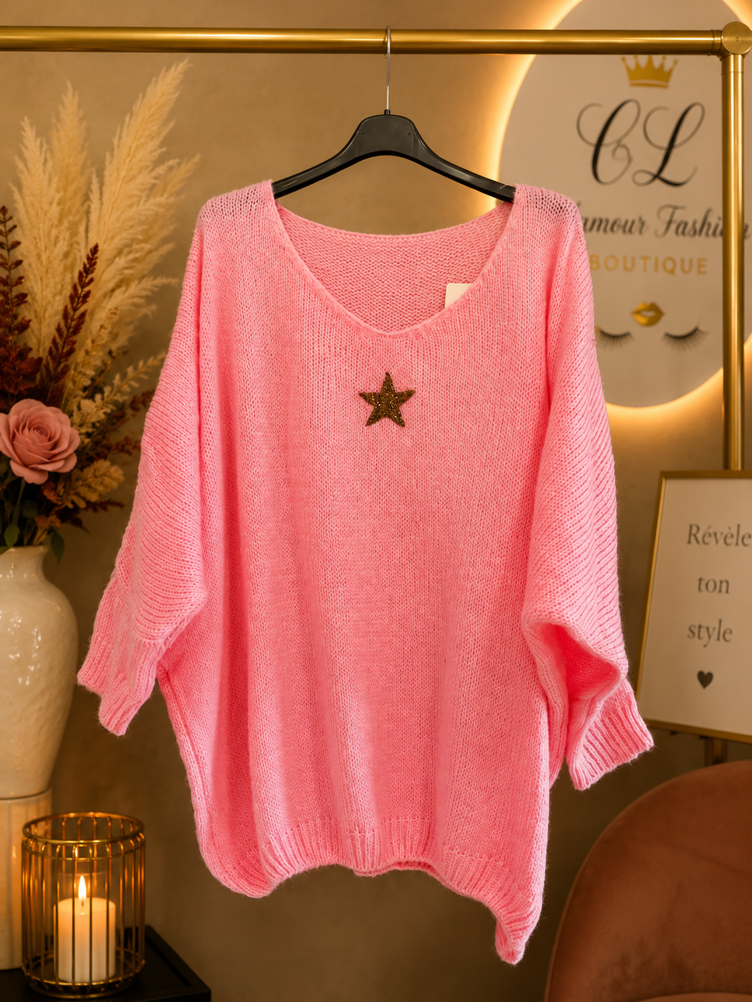 Pull oversize "Etoile" col V - Rose pâle - TU du 38 au 52 – Image 2