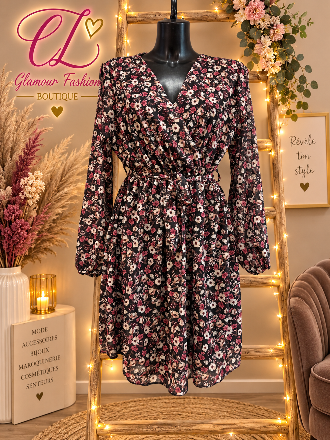 Robe courte imprimé Fleuri - Noire - TU2 du 42-48 – Image 2