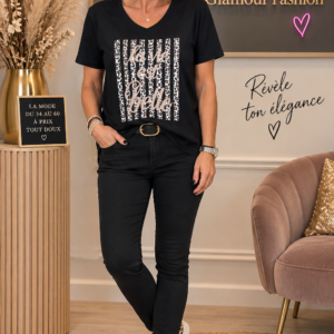 Tee-shirt col V "La vie est Belle" - Noir - TU1 du 36-42