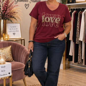 Tee-shirt col V "LOVE leo " - Bordeaux TU2 du 42-48