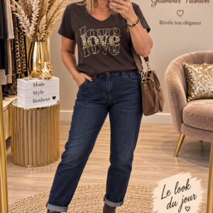 Tee-shirt col V "LOVE leo " - Chocolat - TU1 du  36-42