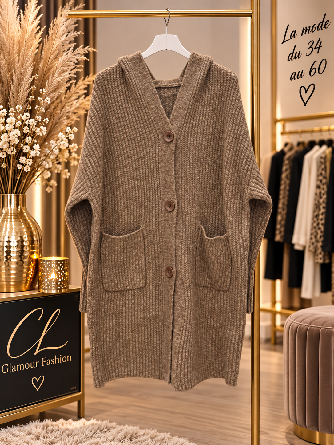 Gilet à capuche mi long belle maille - TU GT – Image 5
