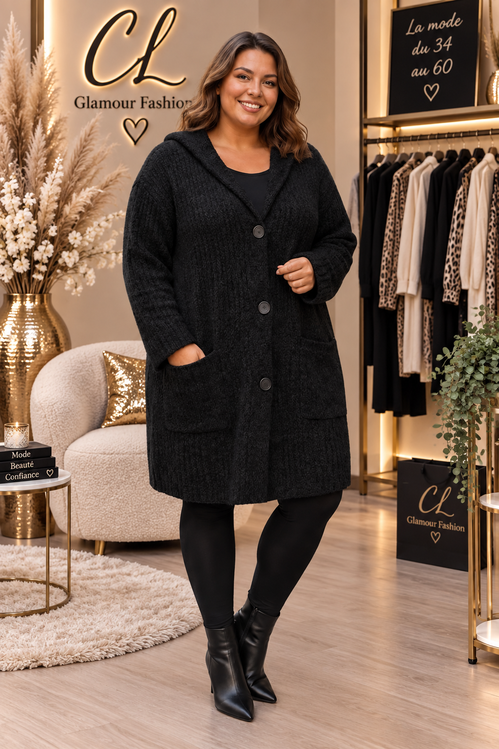 Gilet à capuche mi long belle maille - TU GT – Image 6