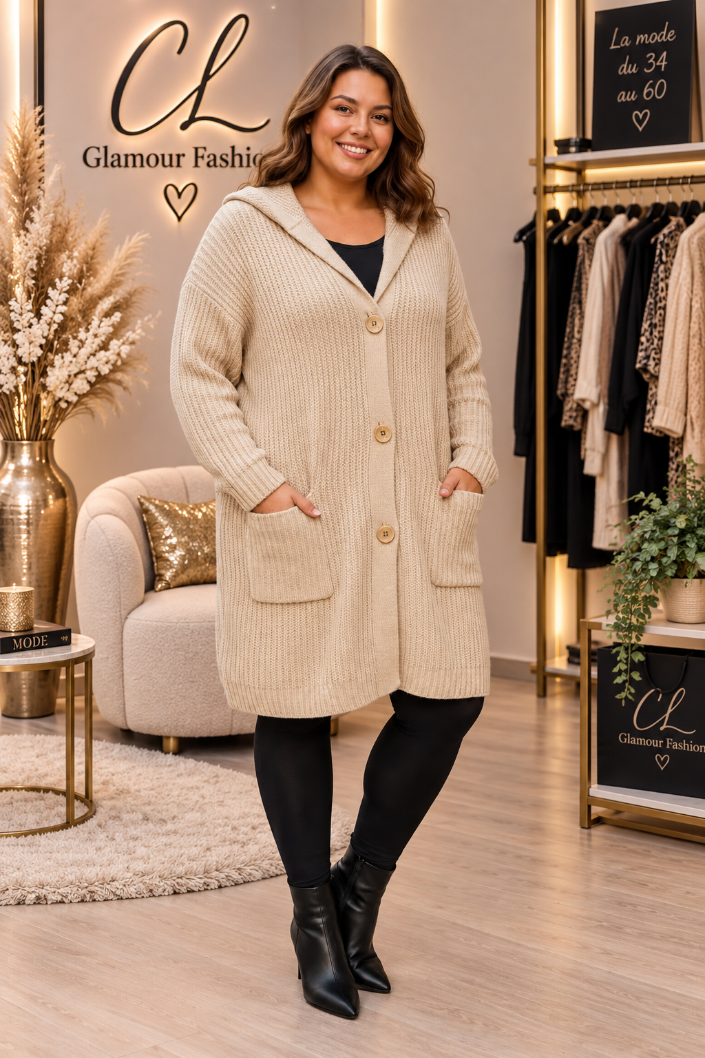 Gilet à capuche mi long belle maille - TU GT – Image 2